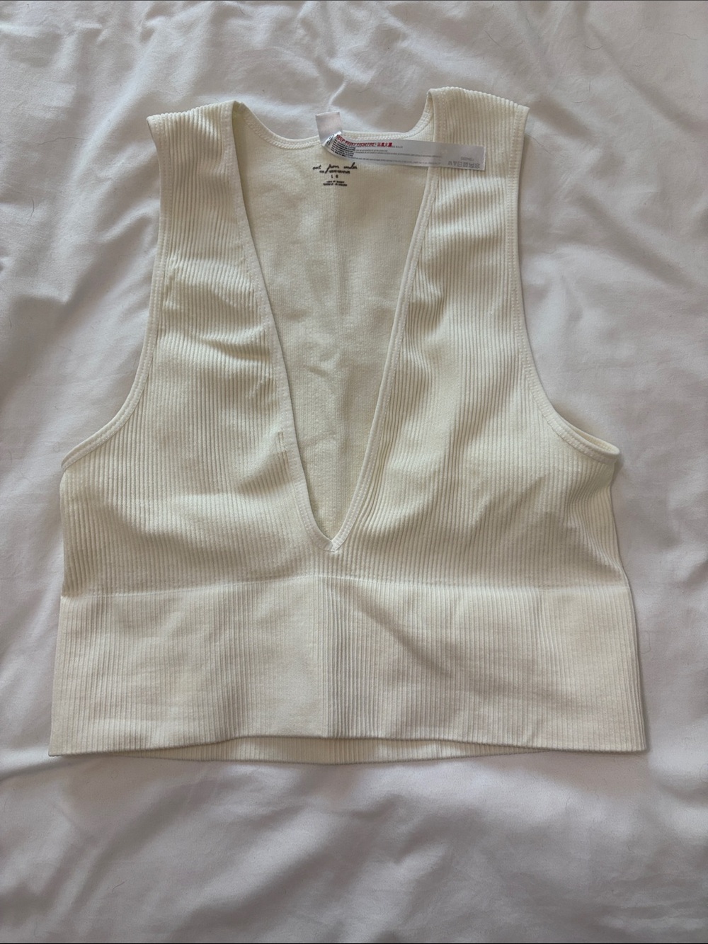 Urban Outfitters Ribbed Deep V Cropped Tank - Cream
